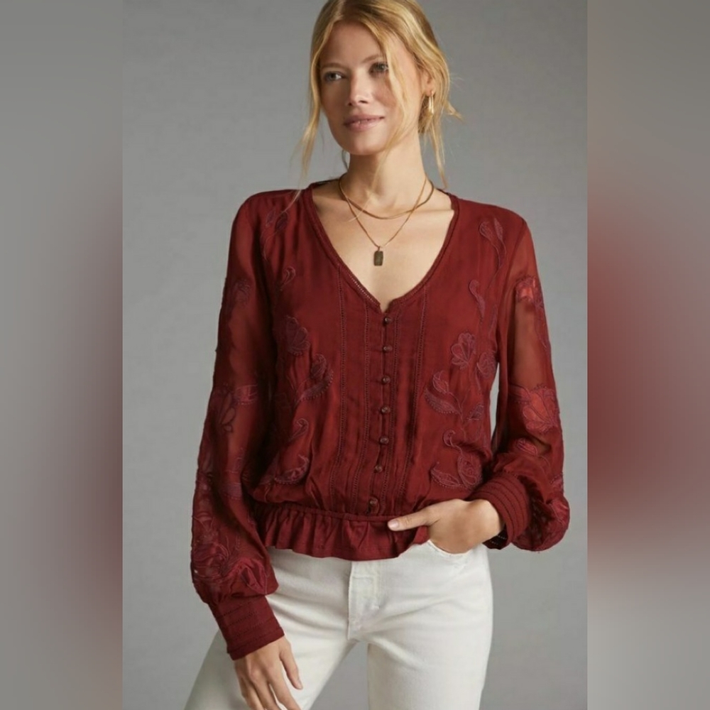 PRICE DROP! NWT Gorgeous Red Anthropologie Embroidered Floral Top XL